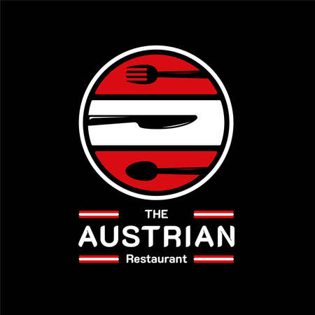 Austrian Food Restaurant . Austria flag symbol with spoon, fork, and knife icons. Premium and luxury vectorのイラスト素材