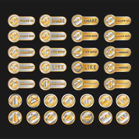Subscribe, Follow, Like, Share, and Comment Gold Button. With play, arrow, speech bubble, and thumb up glossy effect symbol. Premium and luxury icon templateのイラスト素材