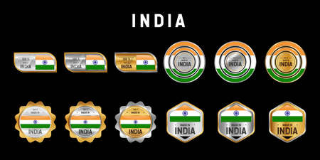 Made in India Label, Stamp, Badge, or . With The National Flag of India. On platinum, gold, and silver colors. Premium and Luxury Emblemのイラスト素材