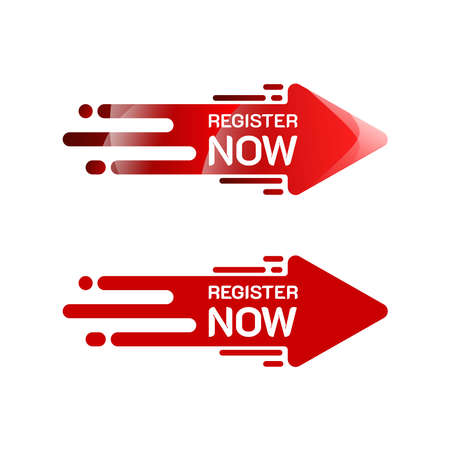 Register Now Label on Gradient Red Arrow. Tag, stamp, sign, sticker, symbol, or badge vector illustration. Premium and luxury templateのイラスト素材