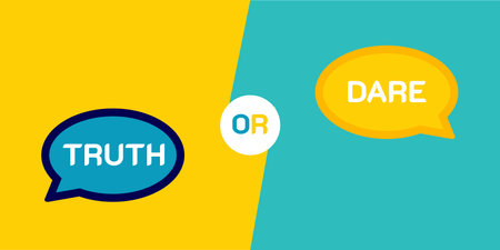 Truth or Dare. Flat stroke style trend modern logotype graphic design with speech bubble icon on blue and yellow color. For fun and happy quiz or challengeのイラスト素材