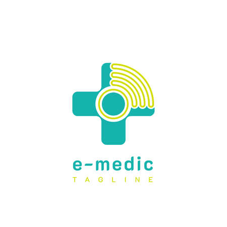 Online Medic. E Medic Logo. With plus, cross, and signal icon. On blue, and green color. Premium and luxury medical health logo vector templateのイラスト素材