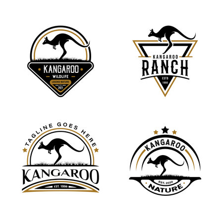 Retro Vintage Silhouette Kangaroo Logo Design. On black, white, and gold colors. Premium and Luxury Logo Illustration Design Graphicのイラスト素材