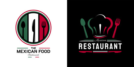 Mexican Food Restaurant Logo. Mexico flag symbol with Spoon, Fork, and Knife icons. On green, white, and red colors. Premium and Luxury  vector illustrationのイラスト素材