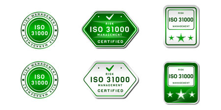 ISO 31000 Certified Label Stamp. Risk Management Sign. With check, and star icon. On gradient green and white color. Premium and luxury emblem vector templateのイラスト素材