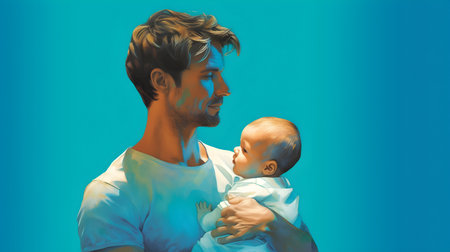 Father with newborn son on blue background. Newborn baby boy and father.の素材