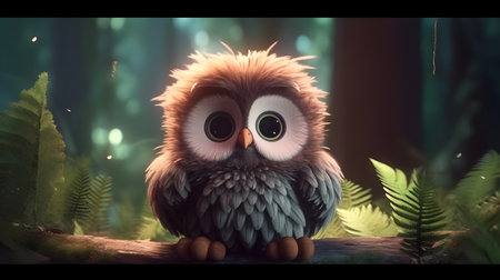 Cute owl sitting on the ground in the jungle. 3d rendering generative aiの素材