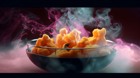 Crispy popcorn in a bowl with smoke on dark background. generative aiの素材