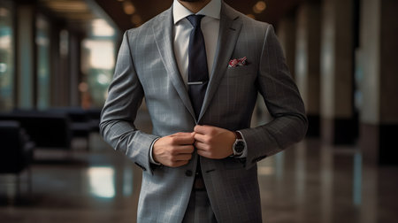 Businessman in a suit with a tie in the office lobby. generative aiの素材