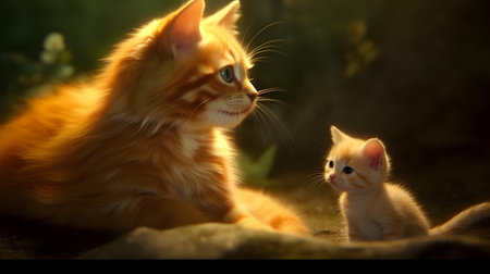 Ginger cat with a small kitten in the rays of the setting sun generative aiの素材