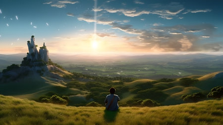 Girl on top of a mountain at sunset. 3D rendering. generative aiの素材