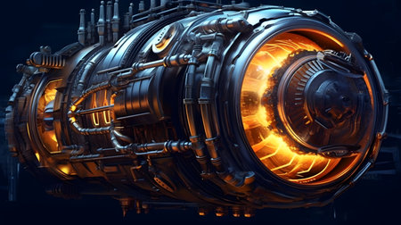 3D rendering of a jet engine in a futuristic space station. generative aiの素材