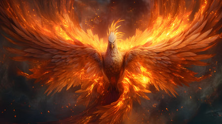 3d rendering of an eagle flying in the sky with fire flames generative aiの素材