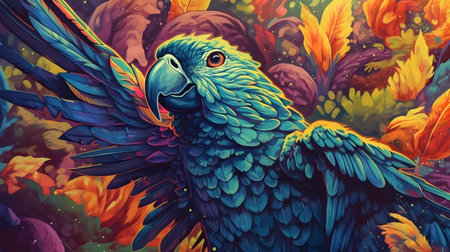 Colorful parrot on a background of the autumn forest. Illustration generative aiの素材