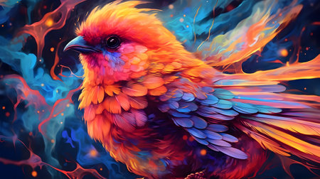 Colorful bird with fire on the background. Illustration for design generative aiの素材