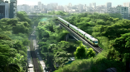 High speed train in the city. 3d rendering. Computer digital drawing. generative aiの素材