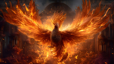 3D rendering of a flaming eagle flying in the air with its wings spread. generative aiの素材