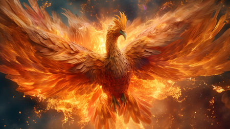 3d rendering of a golden eagle flying in the flames of fire generative aiの素材