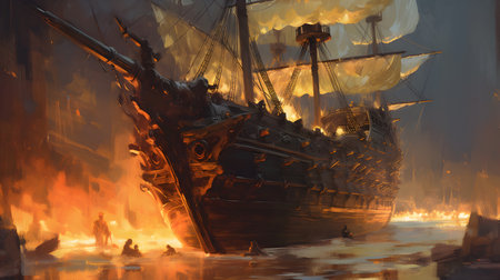 Pirate ship in fire, 3d rendering. Computer digital drawing. generative aiの素材