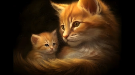 Cat and kitten on a black background, close-up, illustration generative aiの素材