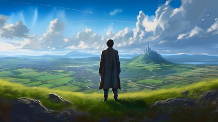Man in a cloak stands on the hill and looks at the city Generative AIの素材