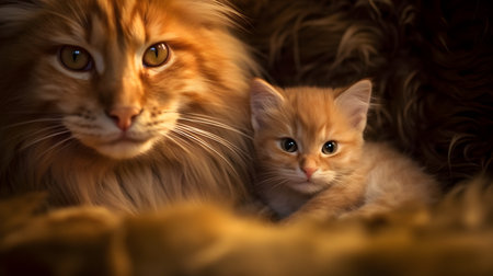 Cute ginger cat and orange kitten lying on fur. Fluffy pet. Generative AIの素材