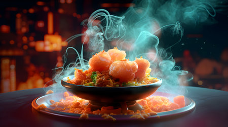 Fried tangerines in a bowl with smoke on a dark background Generative AIの素材