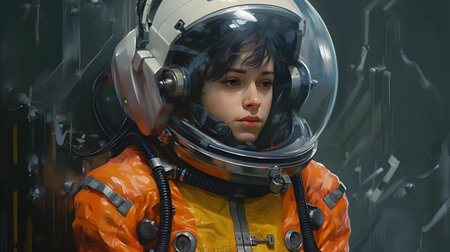 Astronaut in an orange suit on a dark background. Portrait of a girl in an astronaut helmet. Generative AIの素材