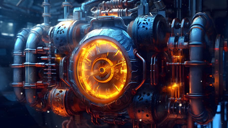 3d rendering of industrial equipment in blue and orange tones with glowing elementsの素材