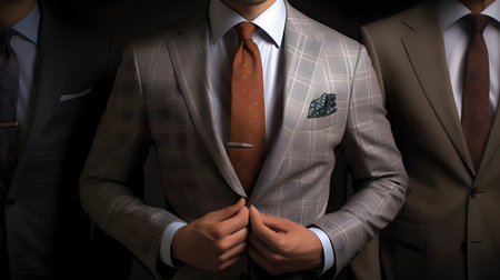 Businessman in suit with tie and suit jacket on dark background. Generative AIの素材