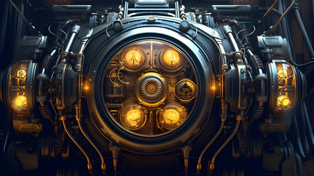 3D rendering of a car engine in a dark room with yellow lights Generative AIの素材