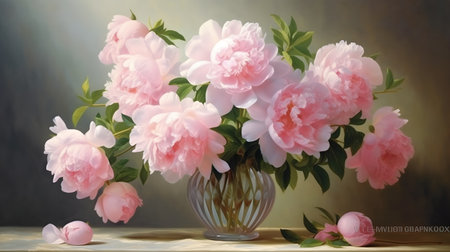 Bouquet of pink peonies in vase on wooden table Generative AIの素材