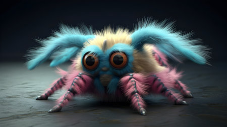 3d illustration of a spider with blue and pink feathers on a dark background. Generative AIの素材
