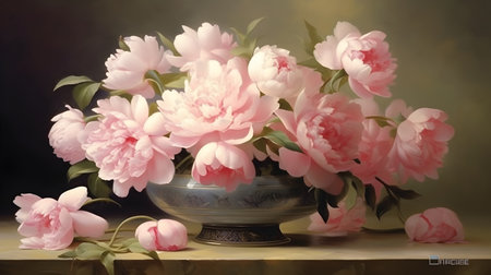 Still life with peonies in a vase on a wooden table Generative AIの素材