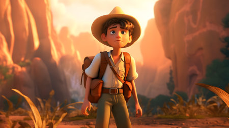 3D rendering of a boy in a safari outfit with a backpack Generative AIの素材