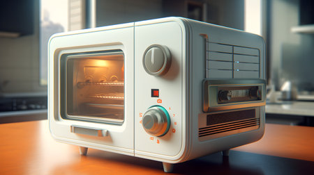 3D rendering of a white microwave oven on a kitchen table Generative AIの素材