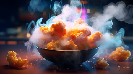 Bowl of popcorn with smoke on dark background. 3d rendering Generative AIの素材