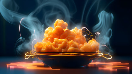 Close-up of a bowl of popcorn with smoke and fire ,Generative AIの素材