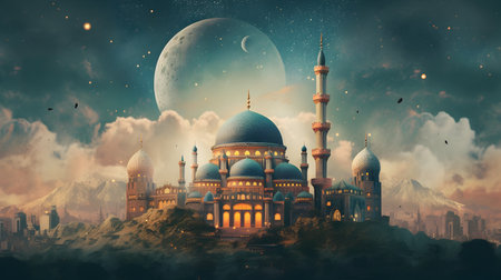 Fantasy landscape with mosque and moon in the sky. 3D rendering ,Generative AIの素材