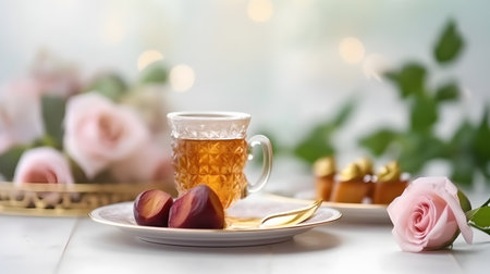 Cup of tea with rose petals on a white wooden table ,Generative AIの素材
