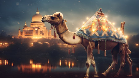 Camel in front of the Taj Mahal at night, India ,Generative AIの素材