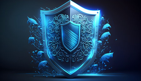Protection shield on blue background, 3d illustration. Computer digital drawing generative aiの素材