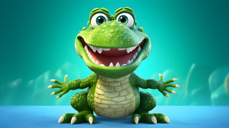 Cute crocodile cartoon character in green background - 3d illustration generative aiの素材