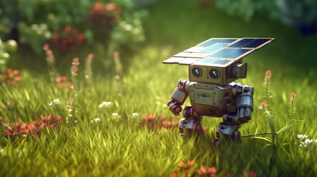 robot with solar panel in the green grass. 3d render Generative AIの素材