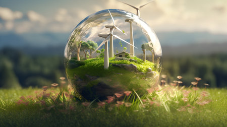 Glass globe with wind turbines on the meadow. 3d renderingの素材