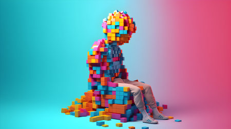 Conceptual image of a man sitting in front of colorful cubes Generative AIの素材