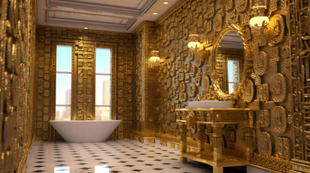 3D rendering of the bathroom in a modern house with golden decoration Generative AIの素材