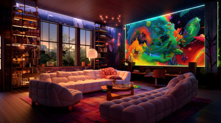 Interior of a living room with a sofa and a TV setの素材