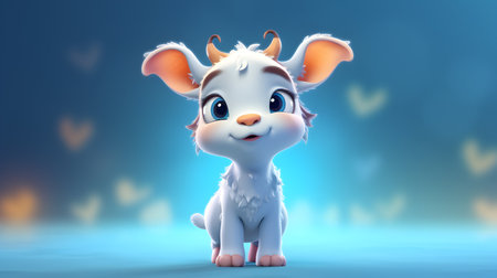 Cute cartoon baby goat sitting on blue background. 3d renderingの素材