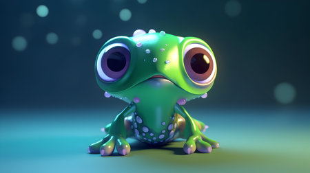 Cute cartoon green frog on a blue background. 3d renderingの素材